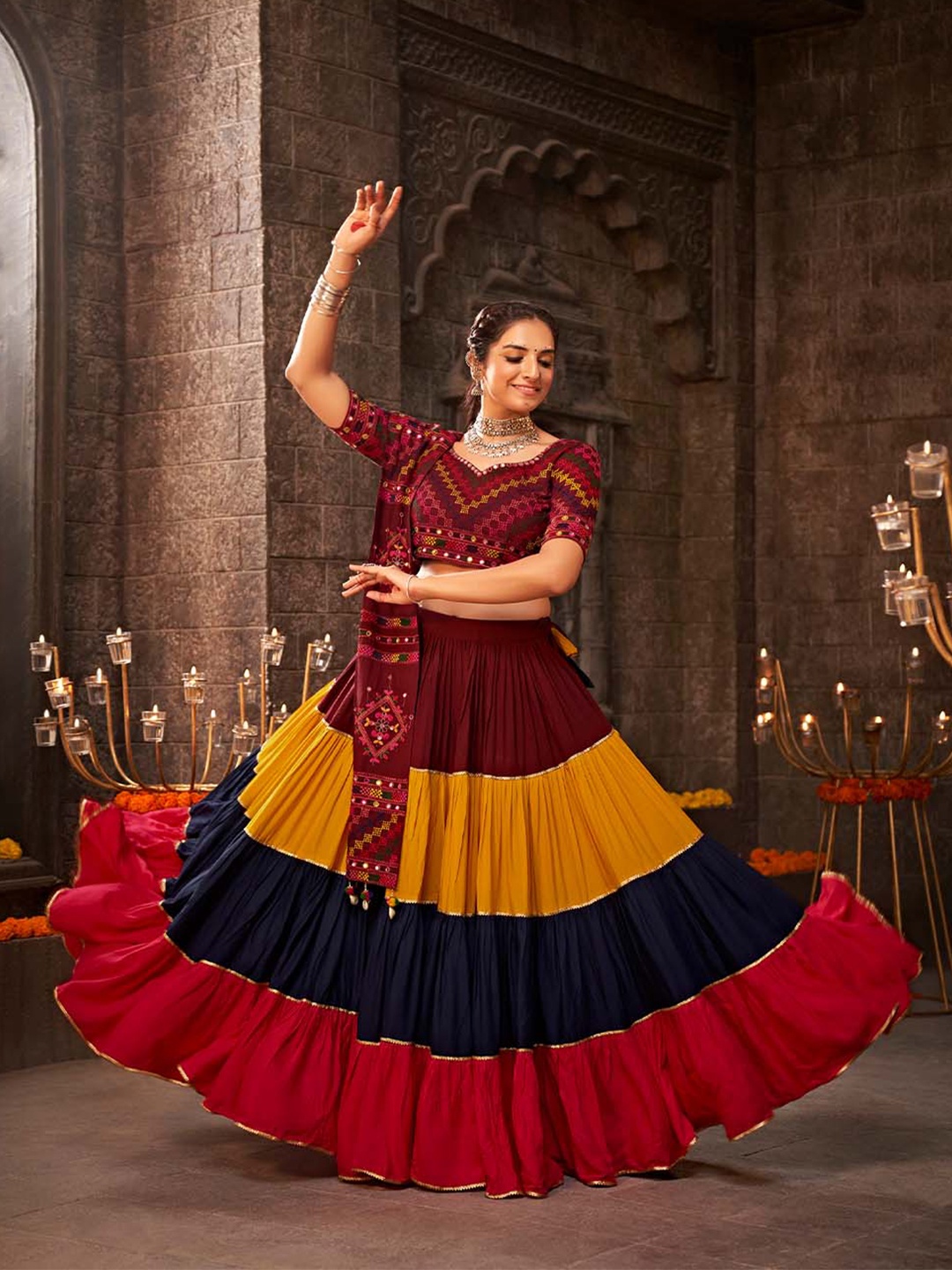 

SHUBHKALA Ethnic Motif Embroidered Ready to Wear Lehenga & Unstitched Blouse With Dupatta, Maroon