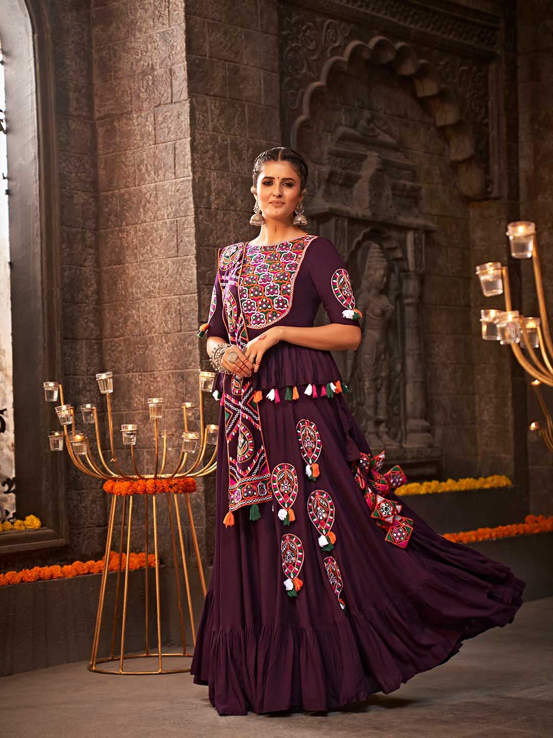 

SHUBHKALA Ethnic Motif Embroidered Ready to Wear Lehenga & Unstitched Blouse With Dupatta, Purple