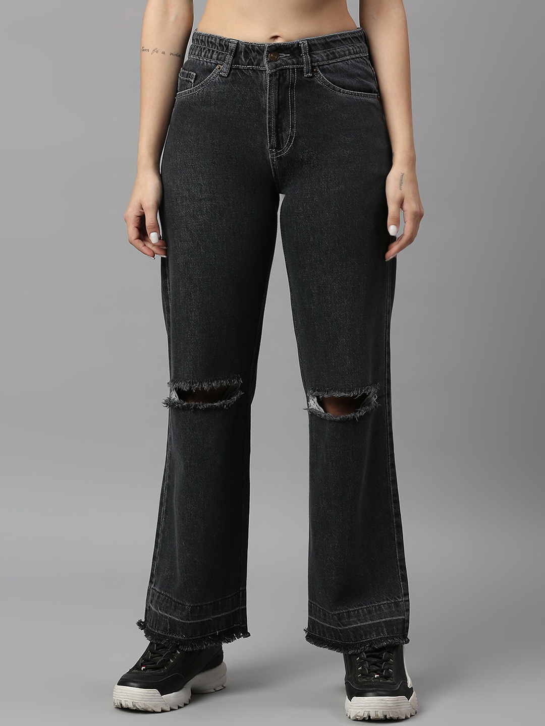 

TARAMA Women Wide Leg High-Rise Slash Knee Jeans, Charcoal