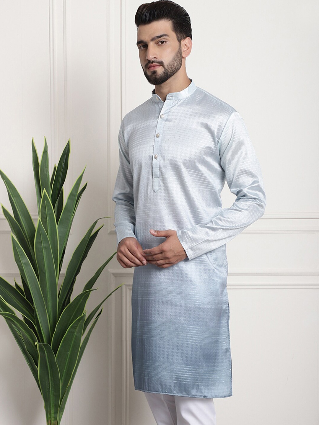

SOJANYA Woven Design Mandarin Collar Silk Cotton Kurta, Grey