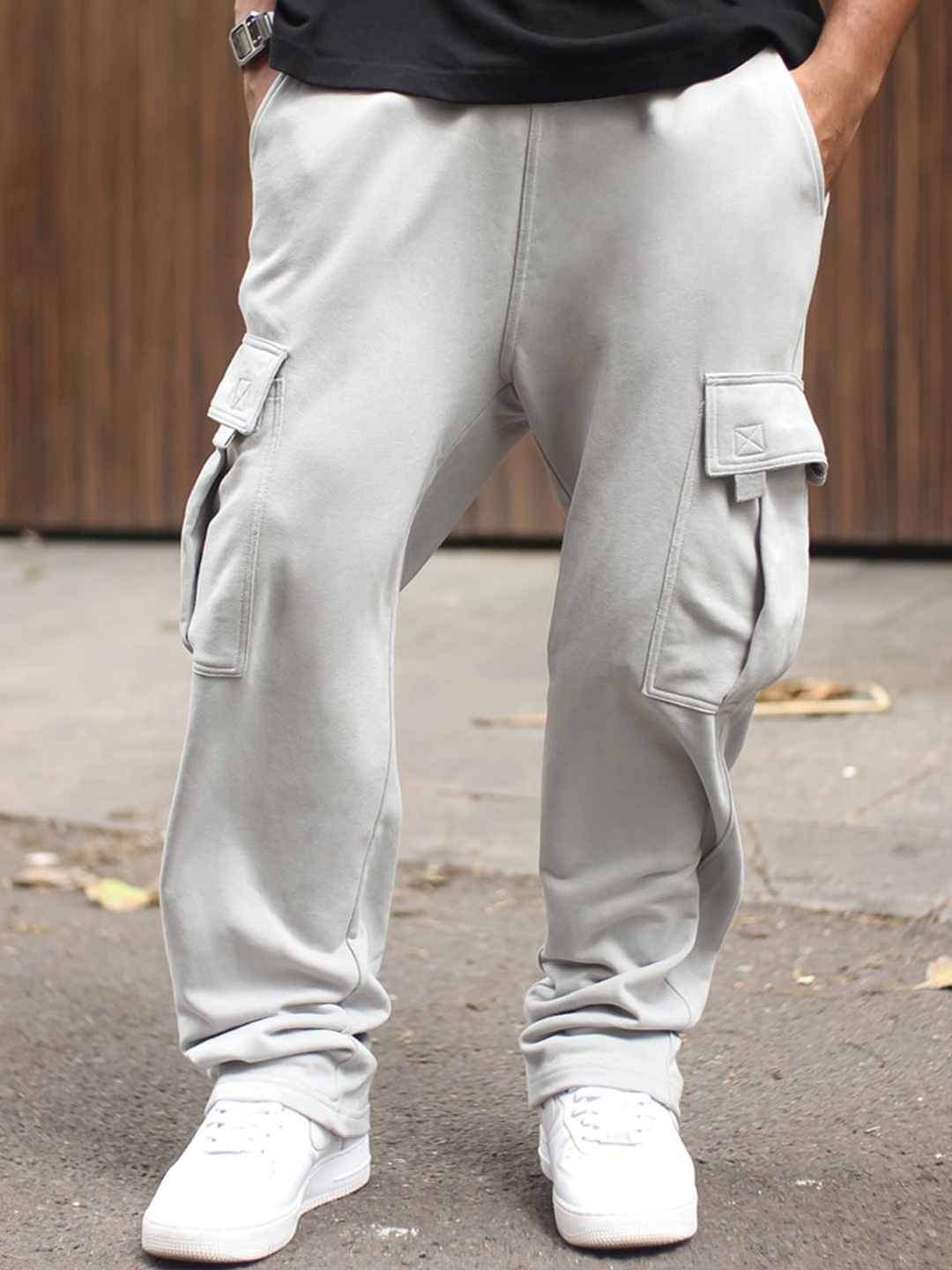 

Powerlook Men Baggy Fit Cotton Cargos, Grey