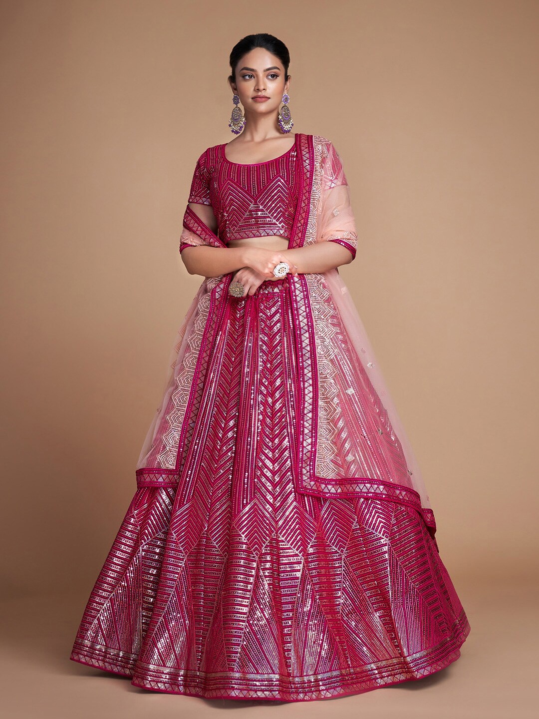 

Fusionic Embroidered Semi-Stitched Organza Lehenga & Unstitched Blouse With Dupatta, Pink