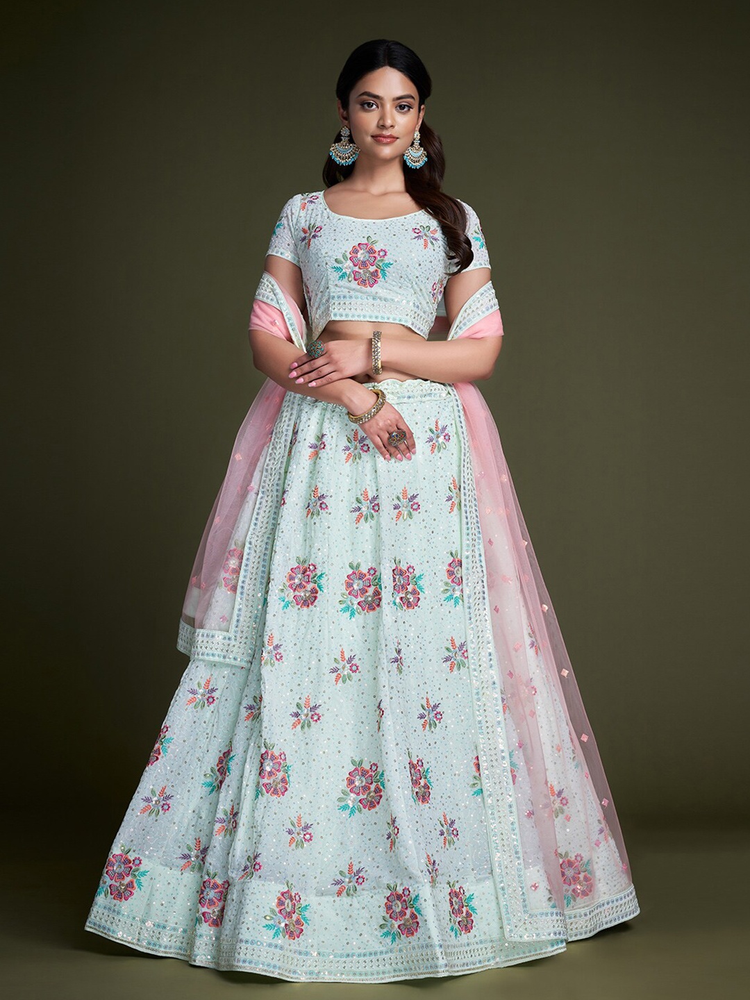 

Fusionic Embellished Sequinned Semi-Stitched Lehenga & Unstitched Blouse With Dupatta, Turquoise blue