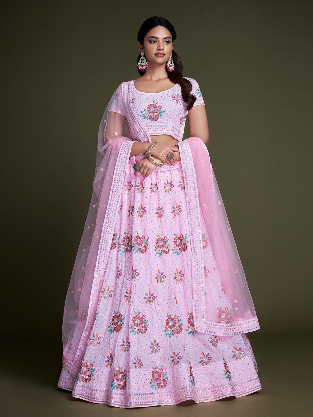 

Fusionic Embroidered Semi-Stitched Lehenga & Unstitched Blouse With Dupatta, Pink