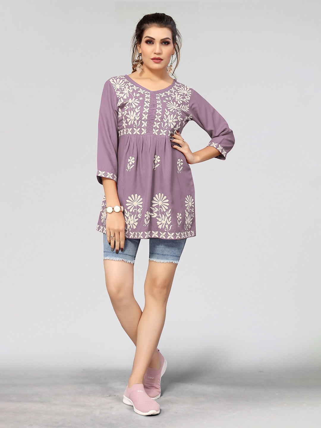 

Winza Designer Floral Embroidered A Line Top, Lavender