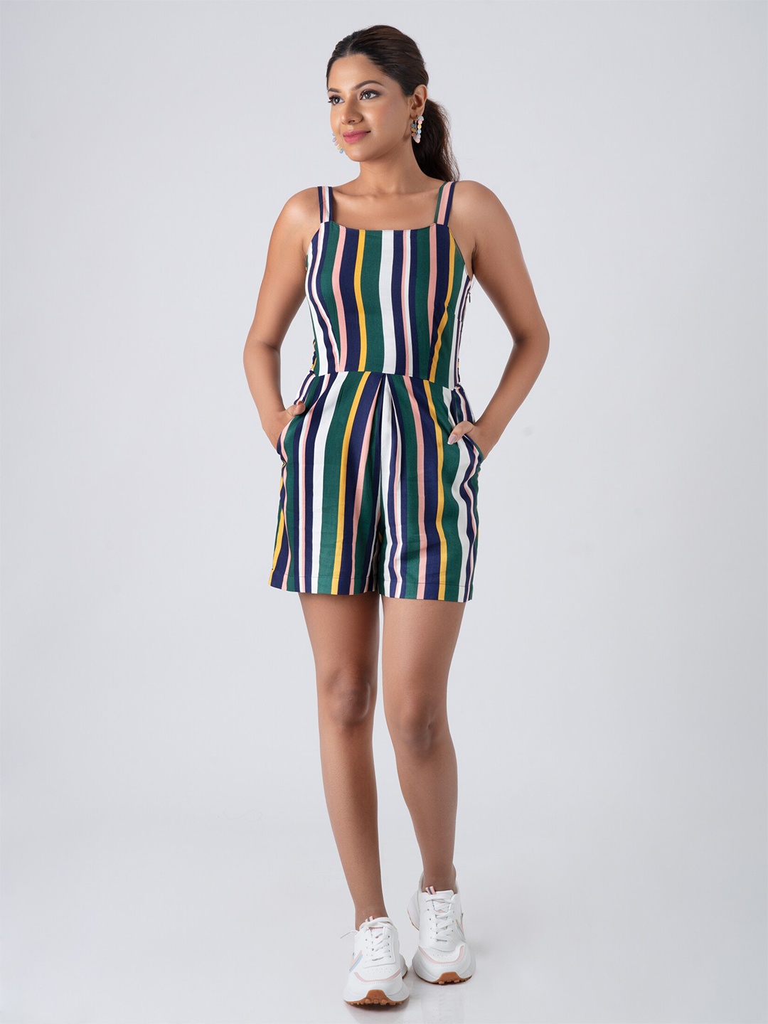 

Fashioncons Shoulder Straps Striped Cotton Jumpsuit, Blue