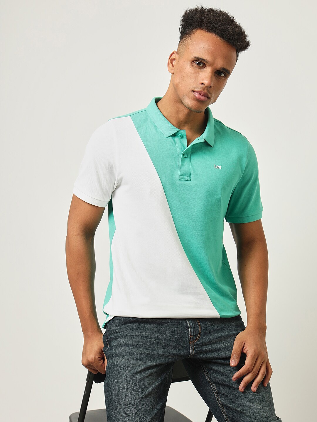 

Lee Colourblocked Polo Collar Slim Fit Cotton T-shirt, Green