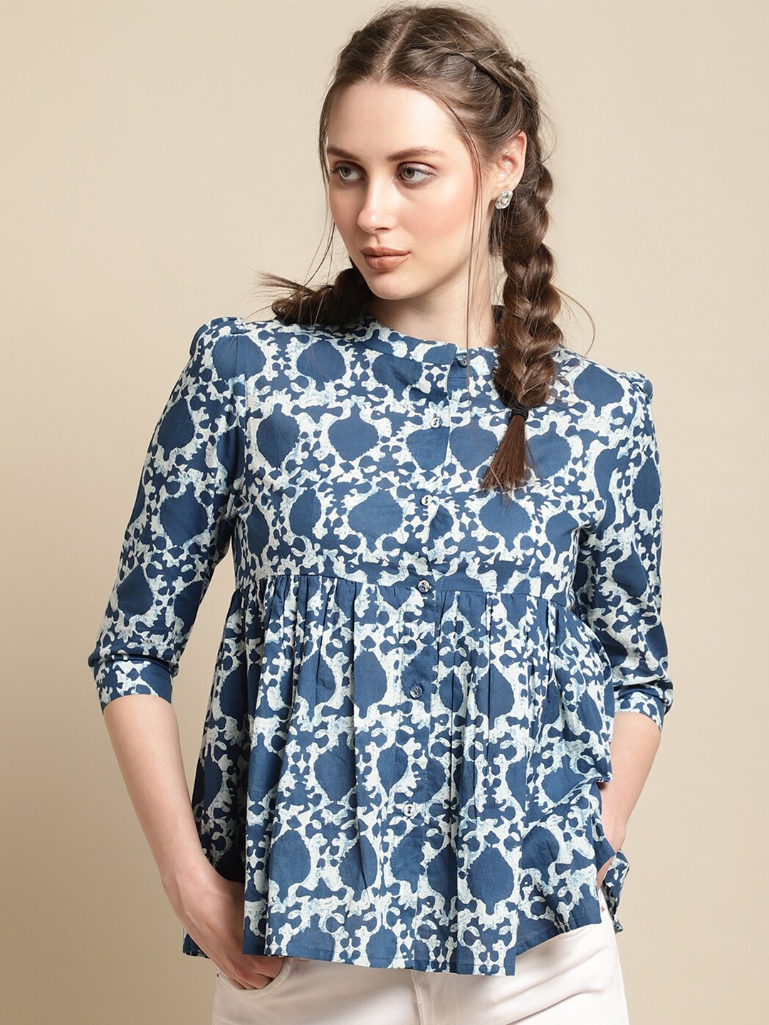 

La Zoire Abstract Printed Cotton Empire Top, Blue