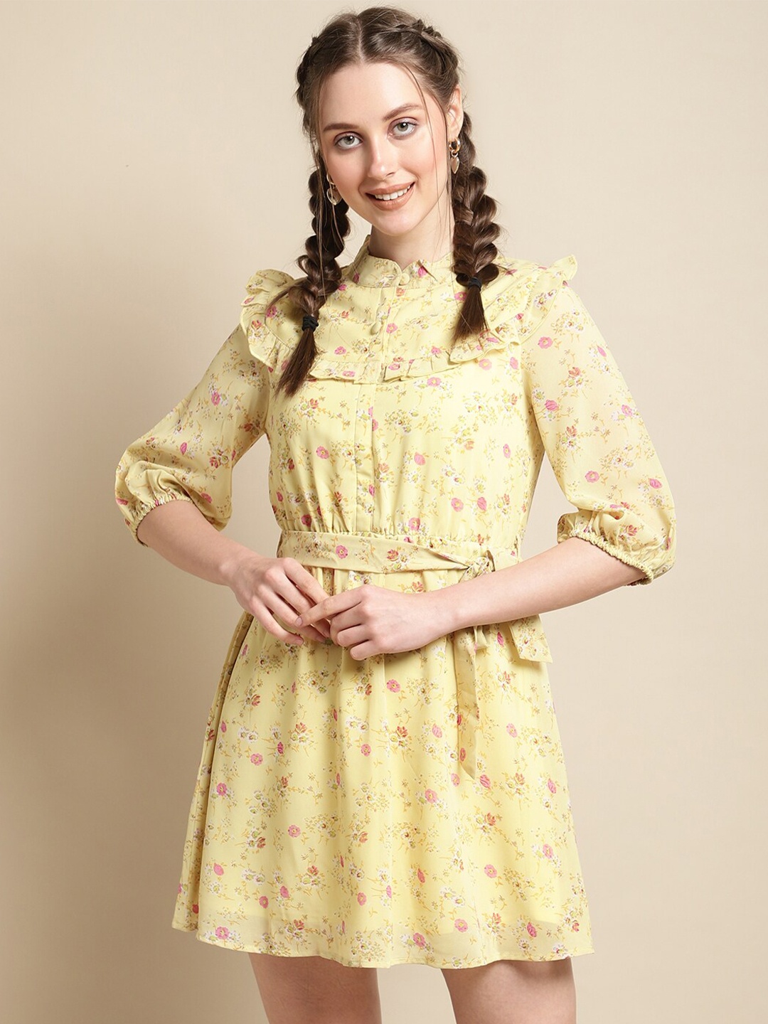 

La Zoire Floral Printed Ruffled Georgette A-Line Dress, Yellow