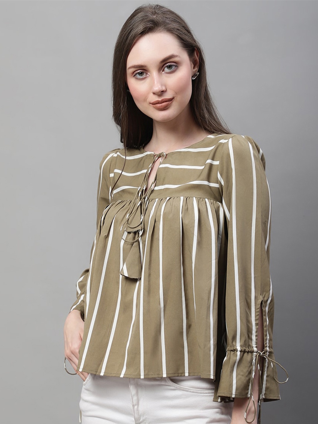 

La Zoire Striped Tie-Up Neck Bell Sleeves Regular Top, Olive