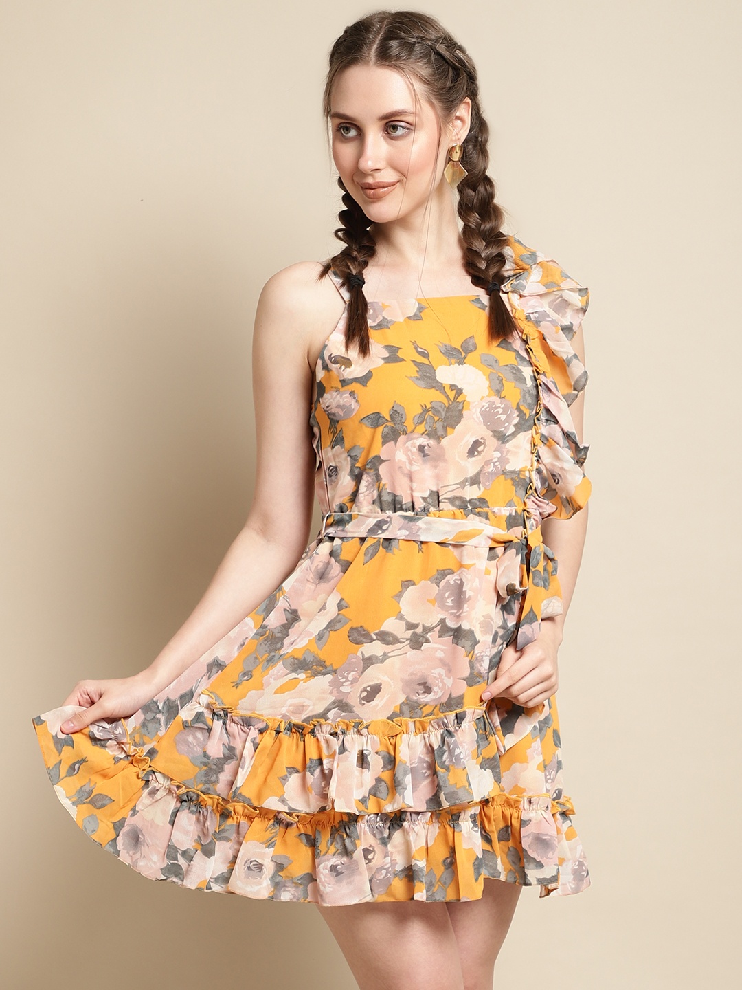 

La Zoire Floral Printed Ruffled Fit & Flare Dress, Mustard
