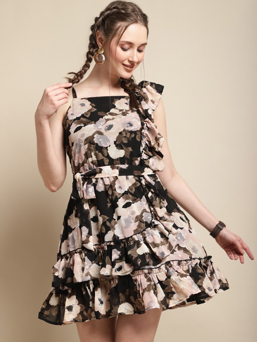 

La Zoire Floral Printed Ruffled Georgette Fit & Flare Dress, Black