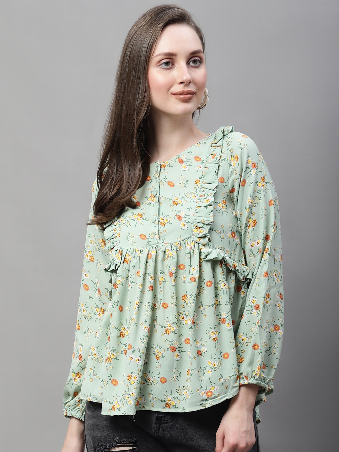 

La Zoire Floral Printed Puff Sleeves Georgette Empire Top, Sea green