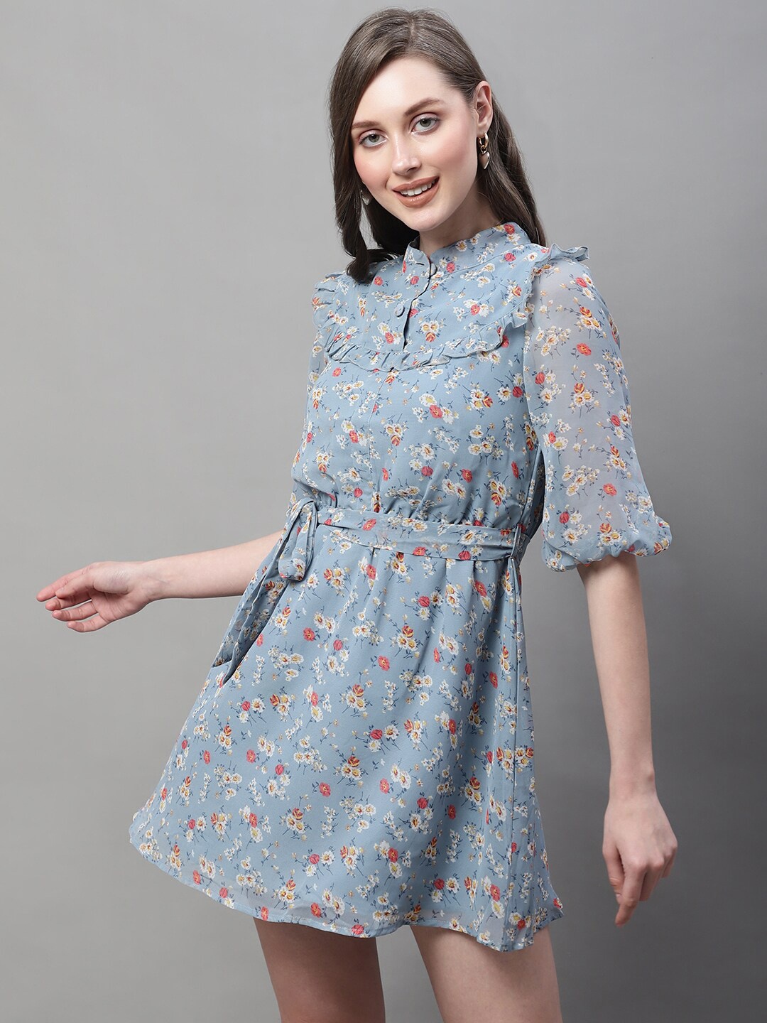 

La Zoire Floral Printed Puff Sleeve Tie-Up Fit & Flare Mini Dress, Blue