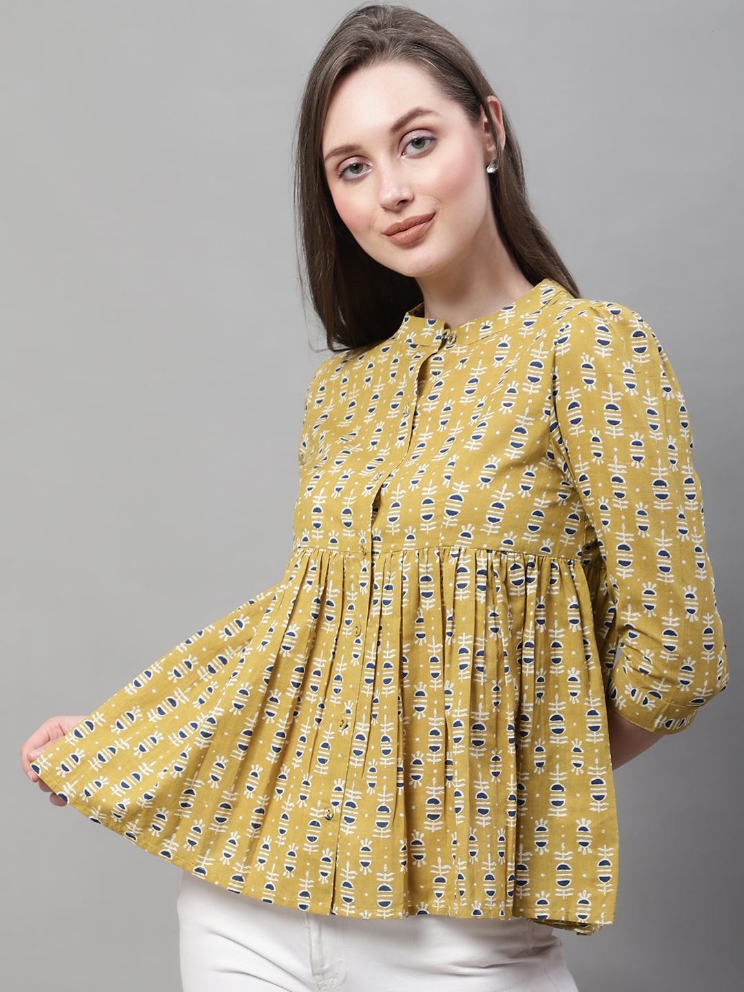 

La Zoire Mustard Ethnic Motifs Printed Mandarin Collar Puff Sleeve Cotton Empire Top