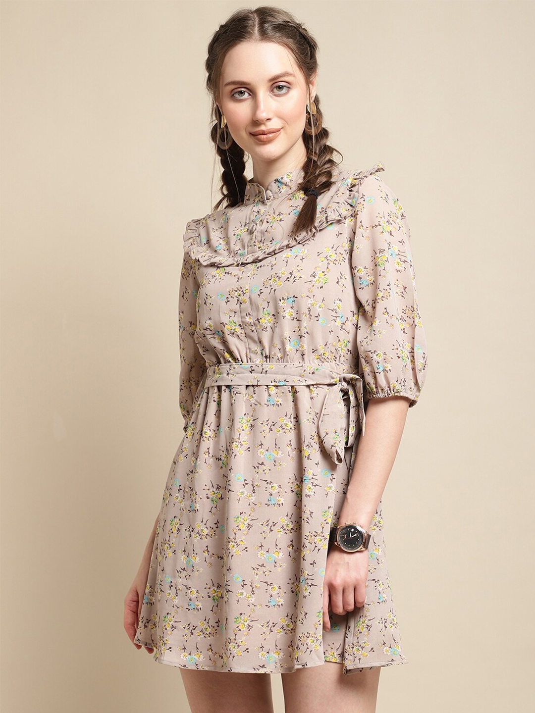 

La Zoire Floral Printed Puff Sleeve Ruffled Georgette A-Line Dress, Brown