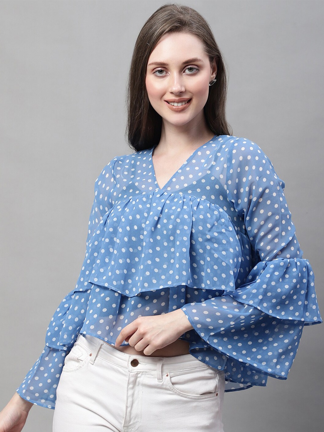 

La Zoire Polka Dots Printed Bell Sleeves Layered Georgette Top, Blue