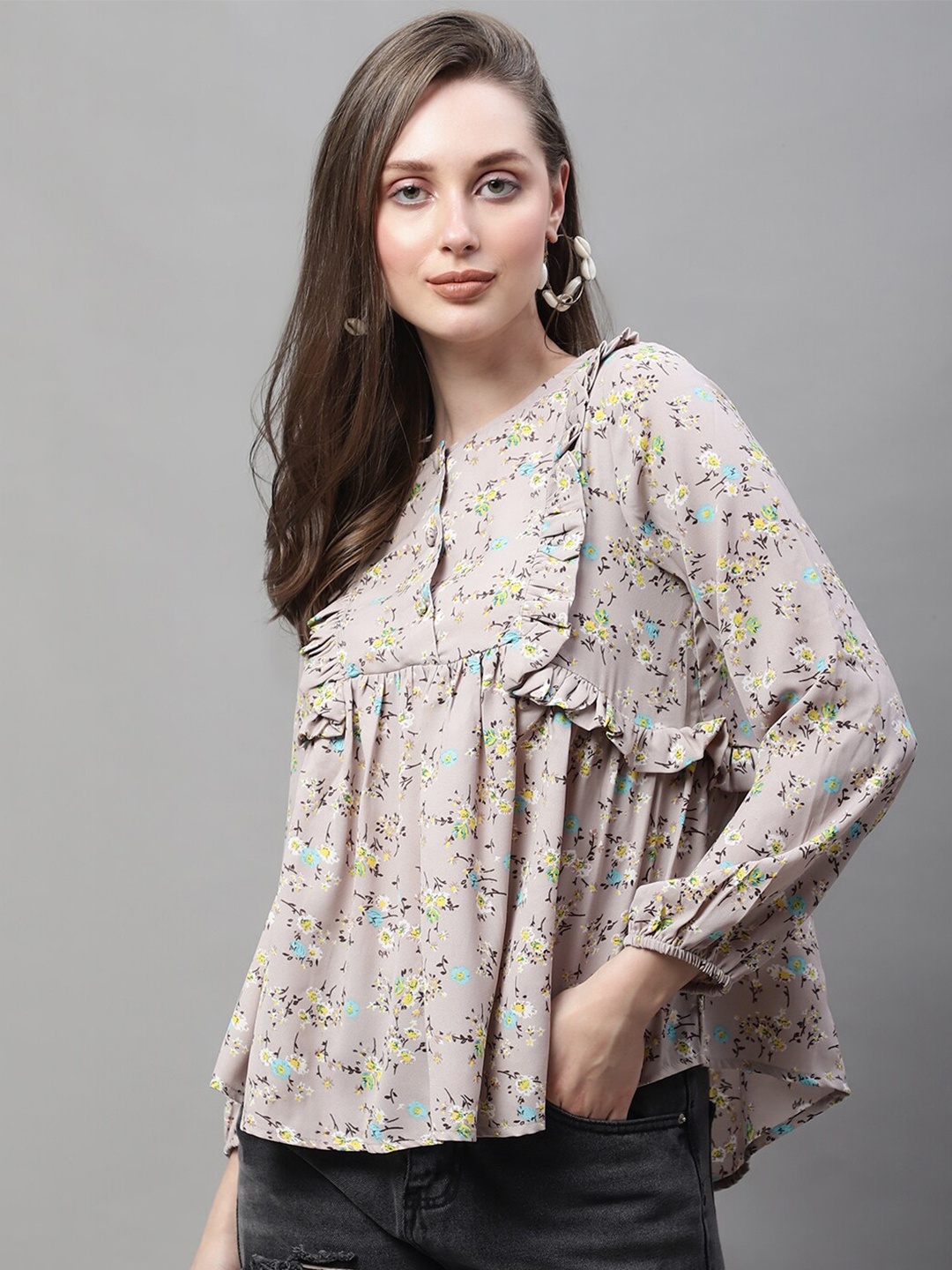 

La Zoire Floral Printed Georgette Empire Top, Brown
