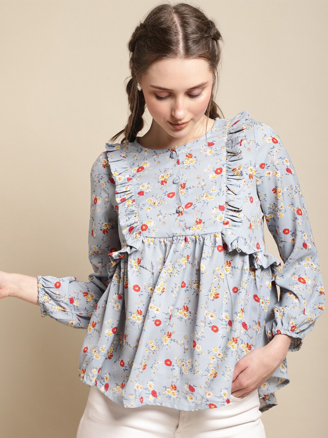 

La Zoire Floral Printed Ruffles Georgette A-Line Top, Blue