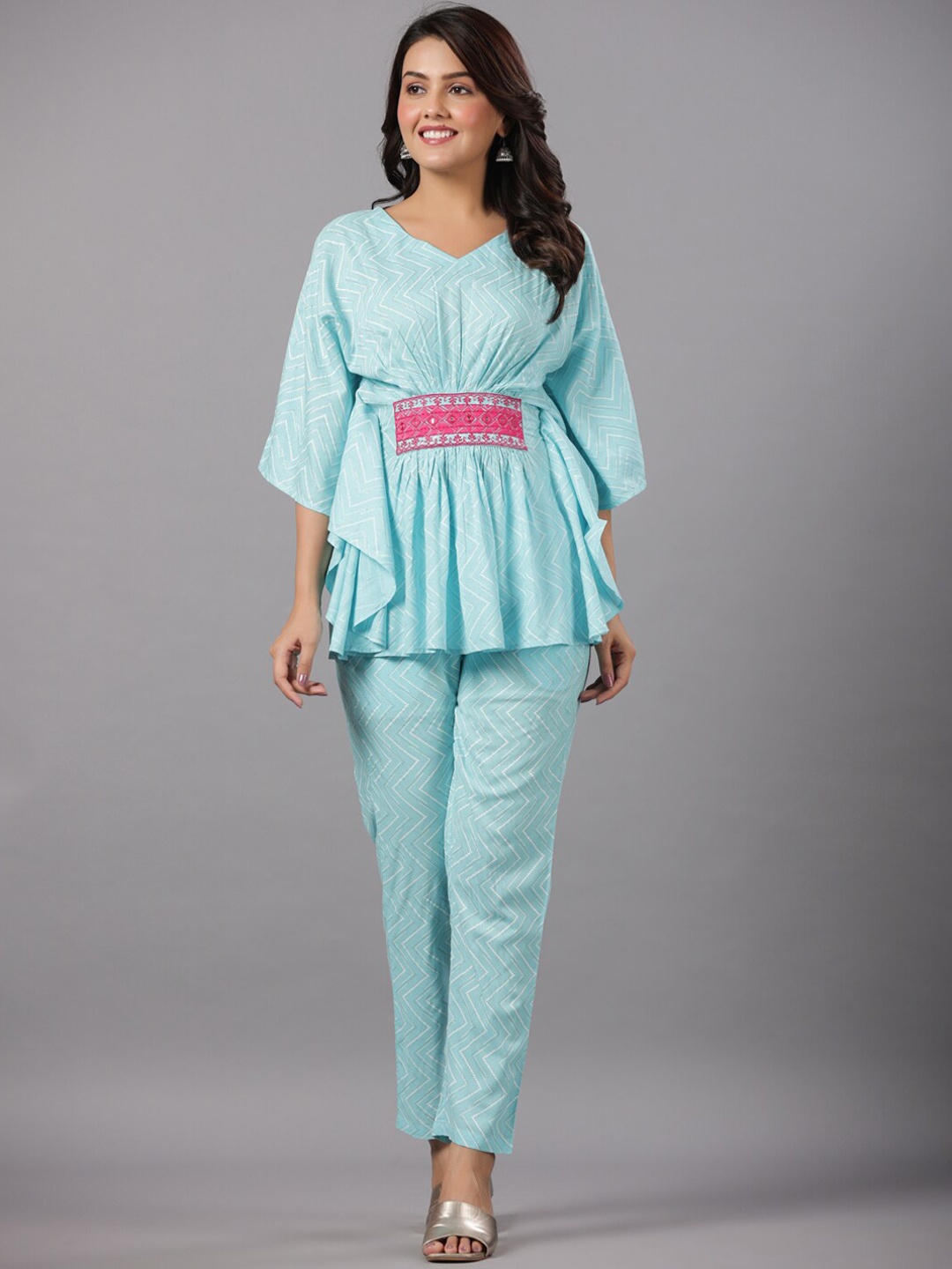 

CRAFTED FOR YOU Chevron Printed Kaftan Top & Trousers, Blue