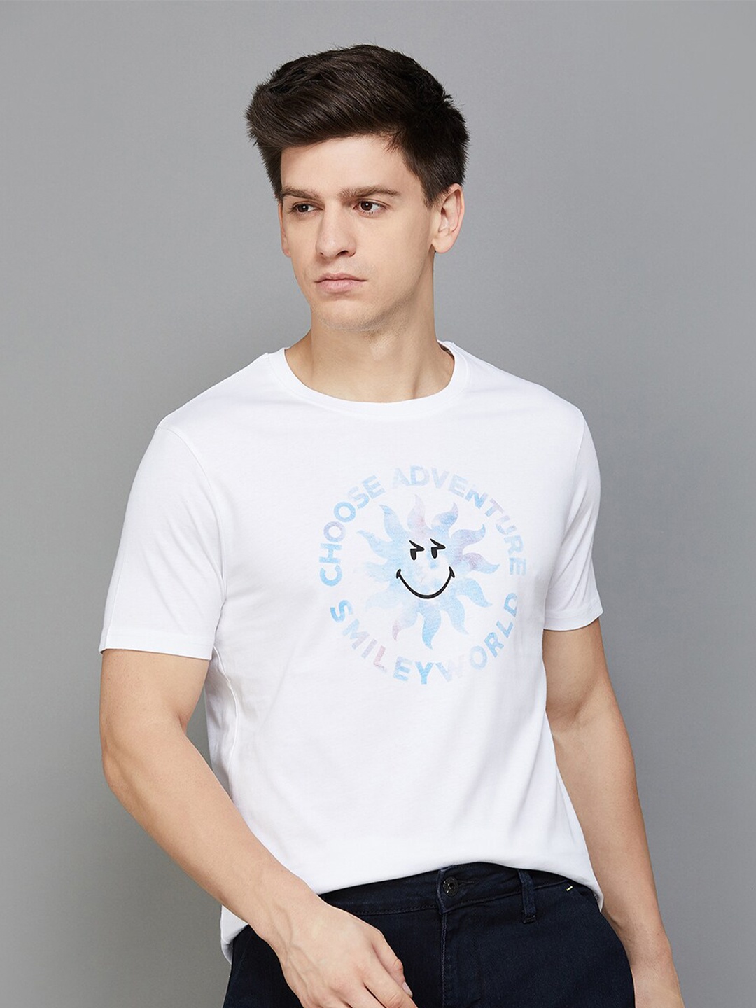

SmileyWorld Graphic Printed Slim Fit Cotton T-shirt, White