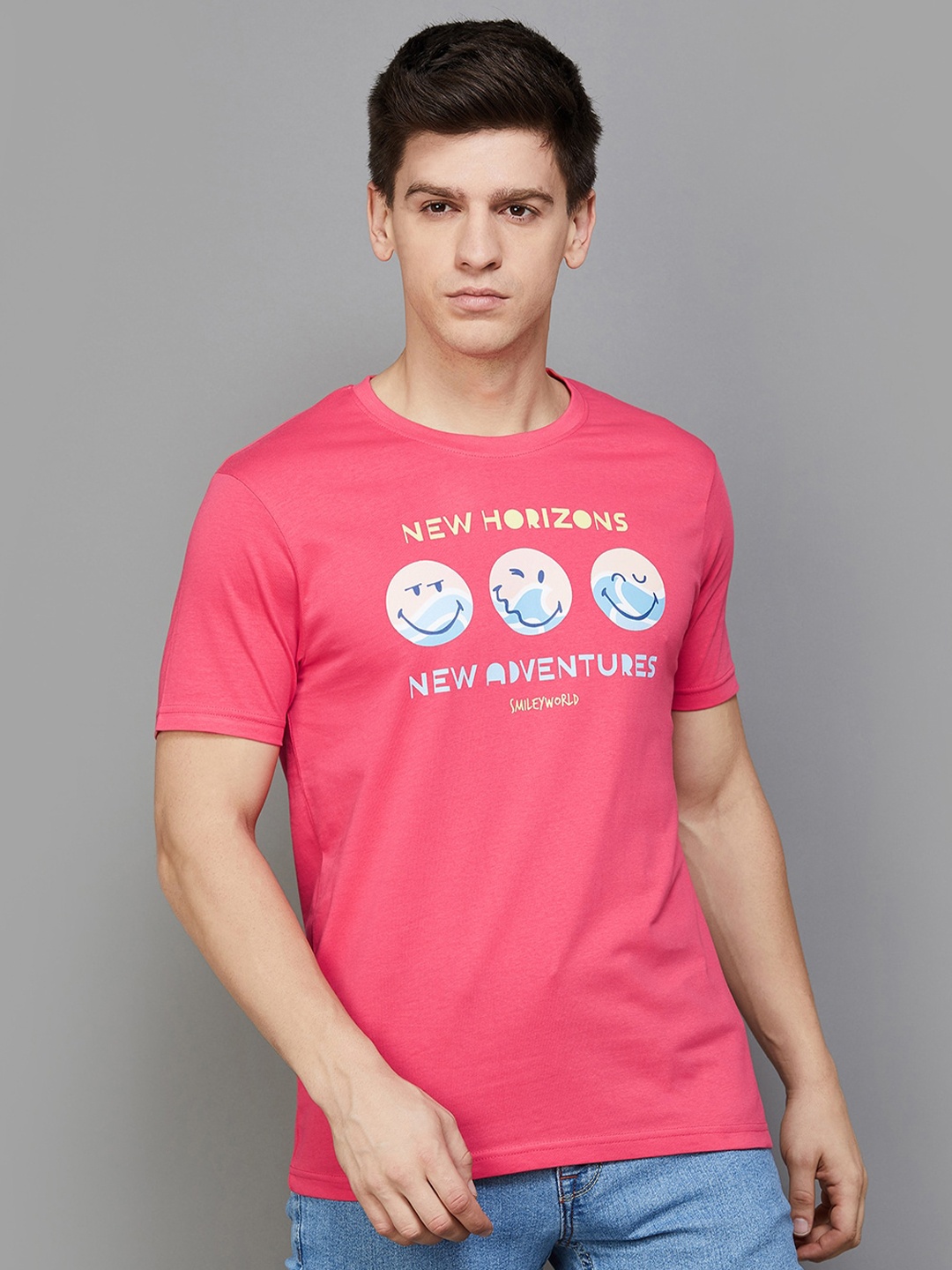

SmileyWorld Graphic Printed Cotton Slim Fit T-shirt, Pink