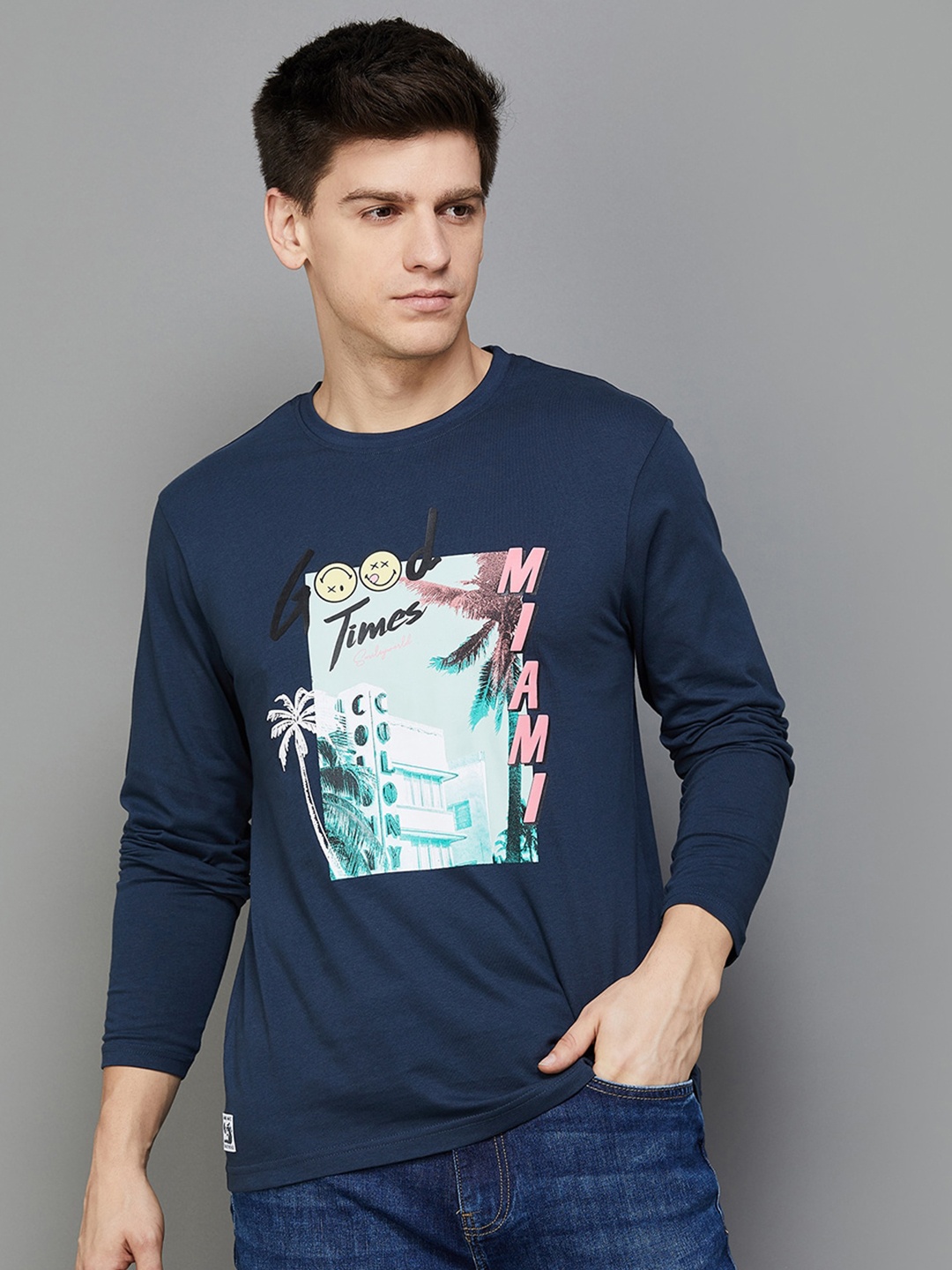 SmileyWorld Graphic Printed Long Sleeves Slim Fit Cotton T-shirt, Blue