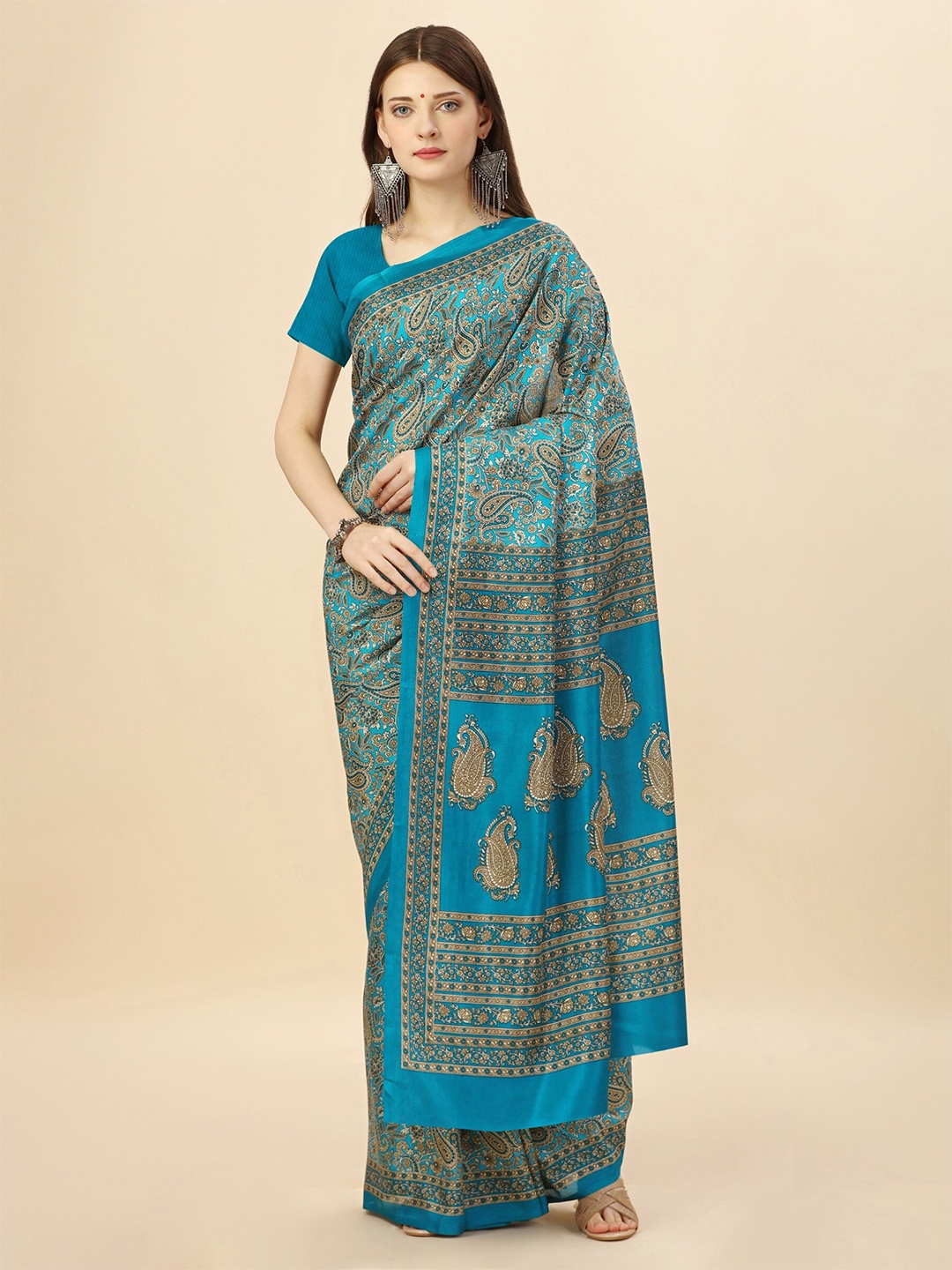 

VIMLA Ethnic Motifs Printed Poly Silk Mysore Silk Saree, Turquoise blue