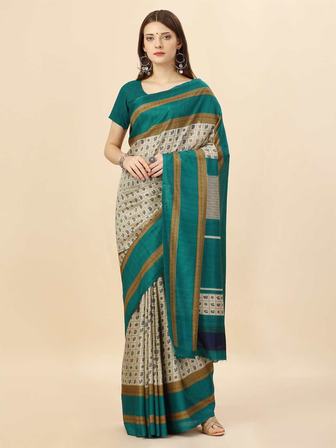 

VIMLA Ethnic Motifs Printed Mysore Silk Saree, Turquoise blue