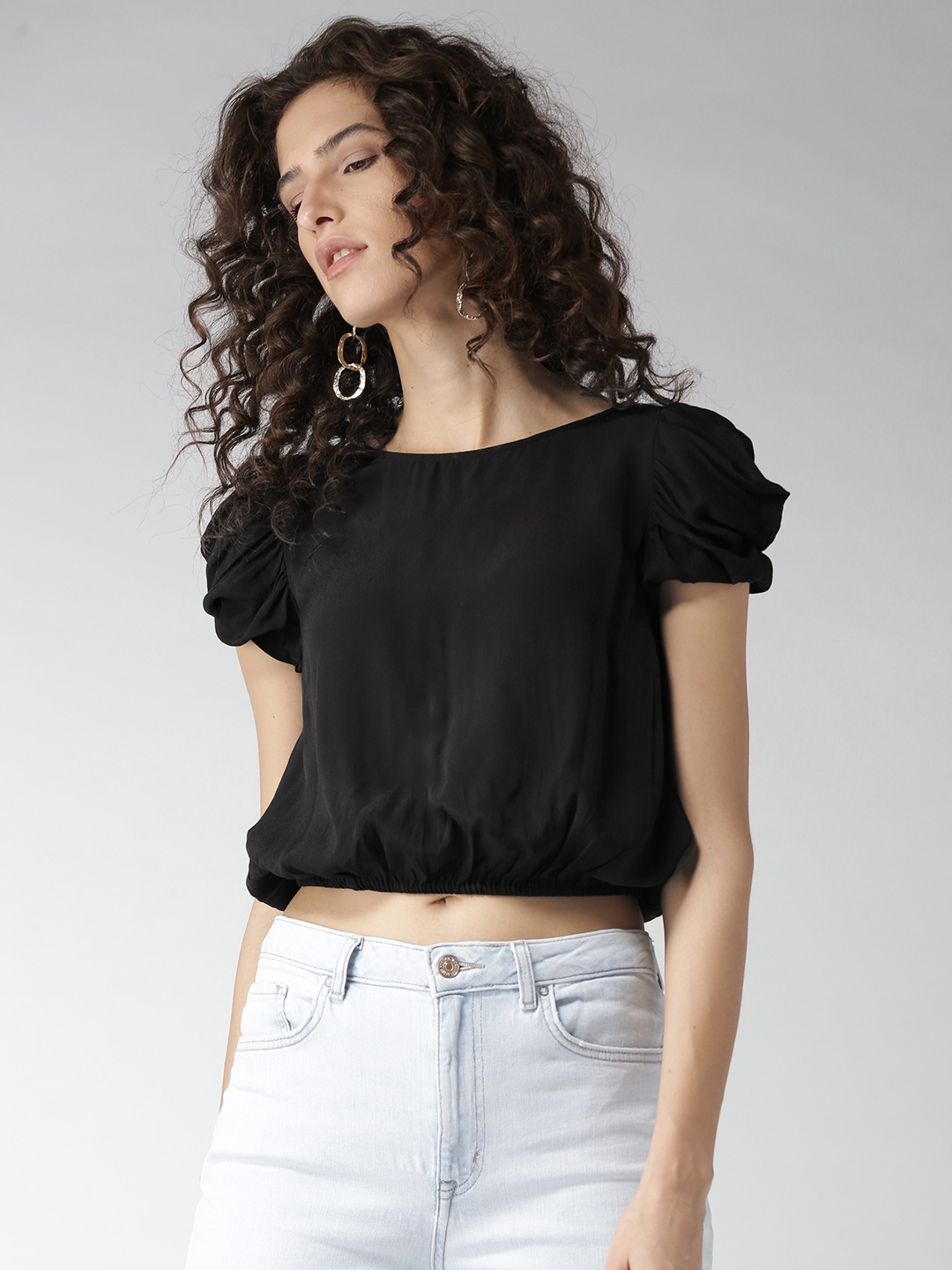 

FOREVER 21 Women Black Solid Crop Blouson Top