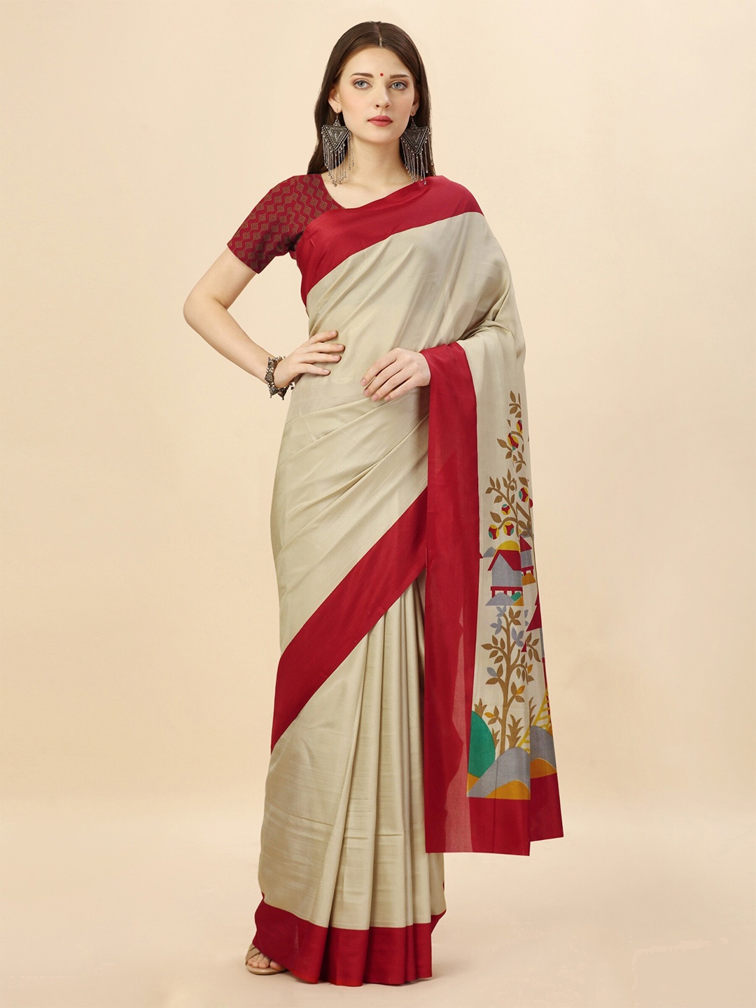 

VIMLA Floral Printed Mysore Silk Saree, Beige