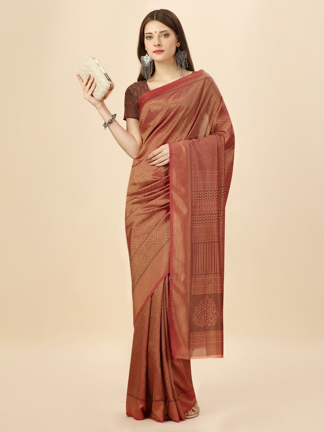 

VIMLA Geometric Printed Saree, Maroon