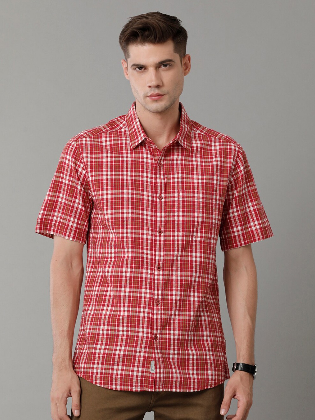 

Voi Jeans Slim Fit Tartan Checked Pure Cotton Casual Shirt, Red