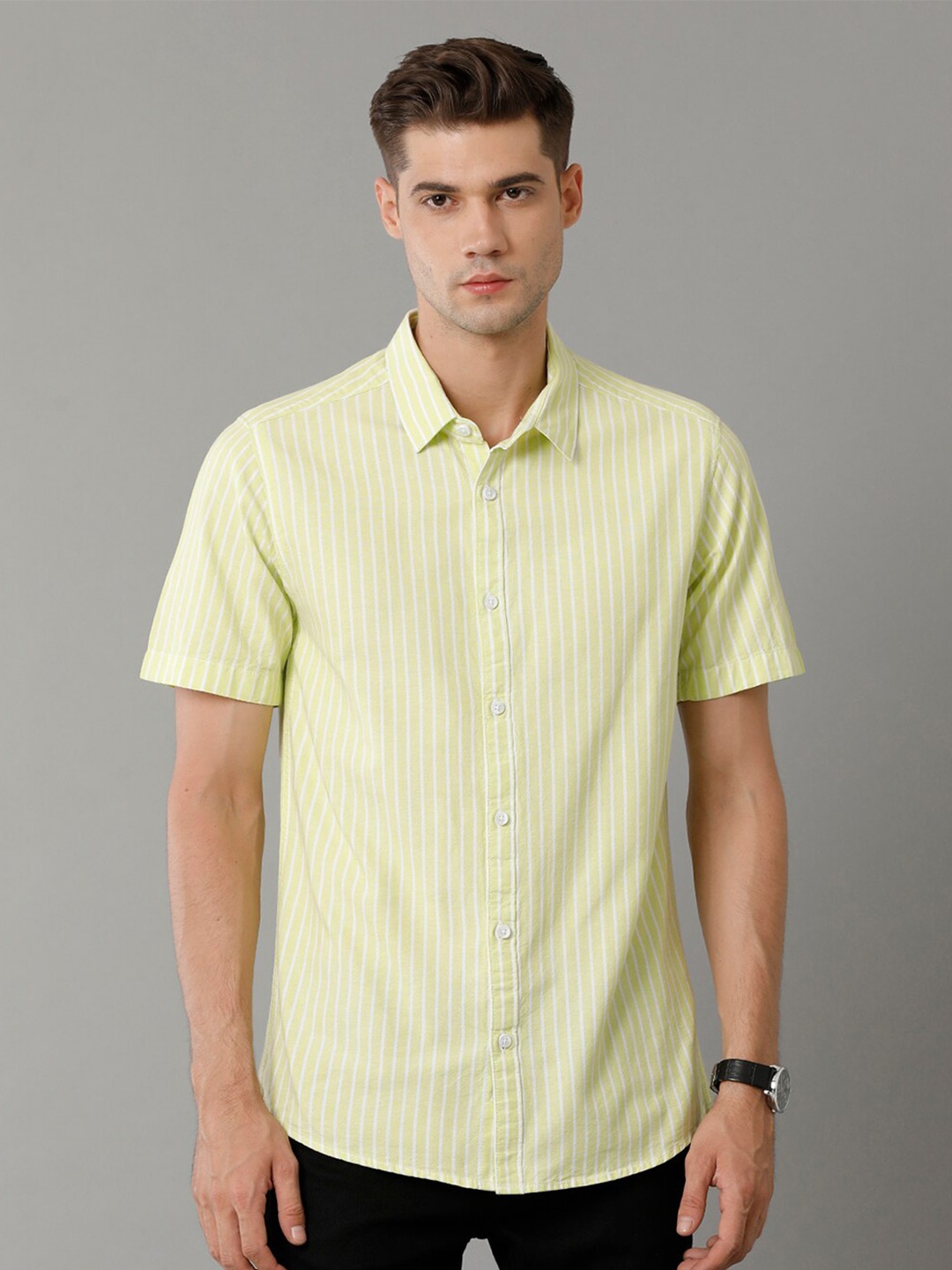 

Voi Jeans Slim Fit Opaque Striped Pure Cotton Casual Shirt, Yellow