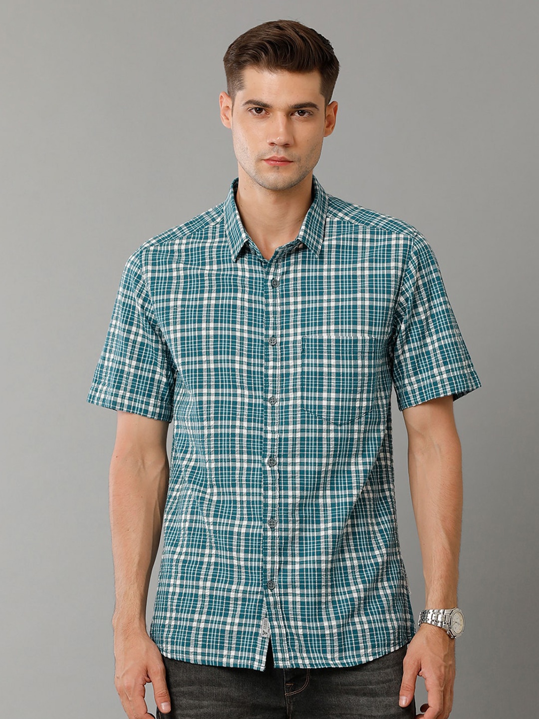 

Voi Jeans Slim Fit Tartan Checked Pure Cotton Casual Shirt, Green