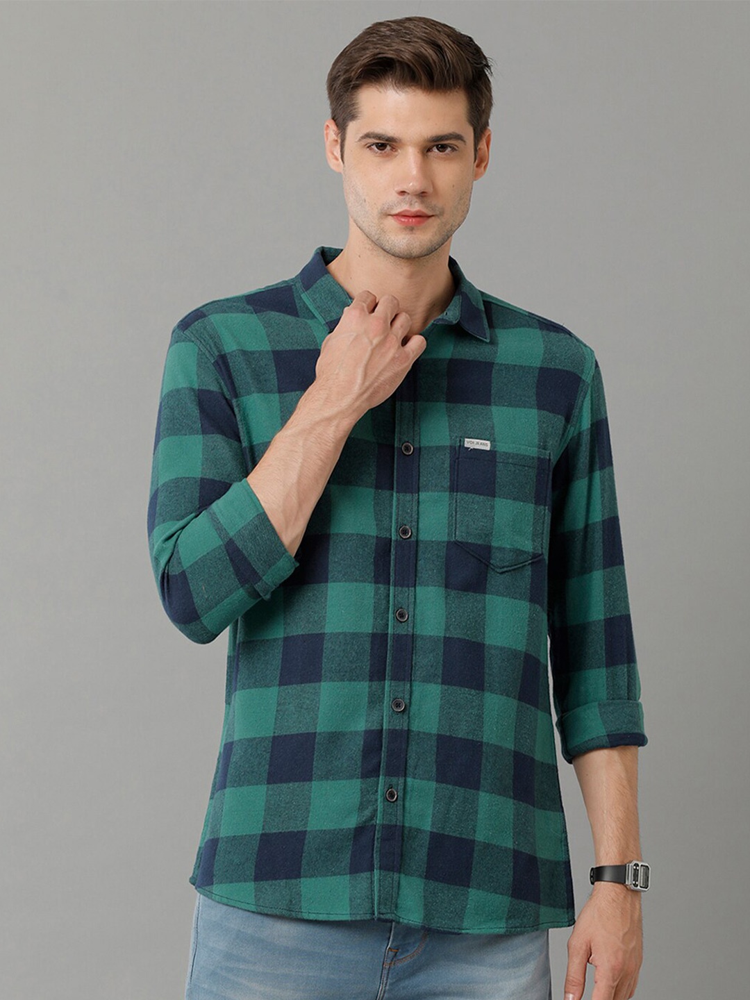 

Voi Jeans Slim Fit Buffalo Checked Pure Cotton Casual Shirt, Green