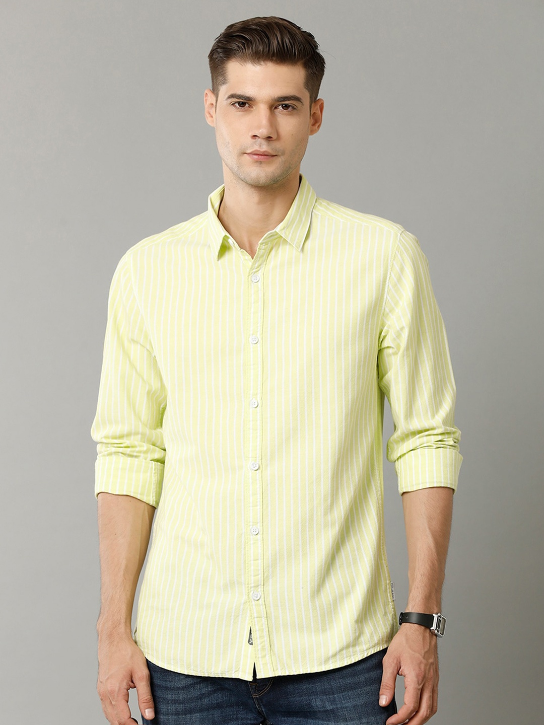 

Voi Jeans Men Yellow Slim Fit Opaque Striped Casual Shirt