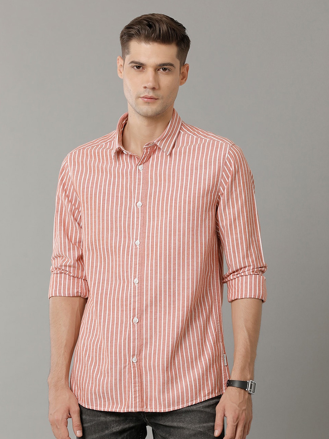 

Voi Jeans Vertical Stripes Spread Collar Pure Cotton Casual Shirt, Red
