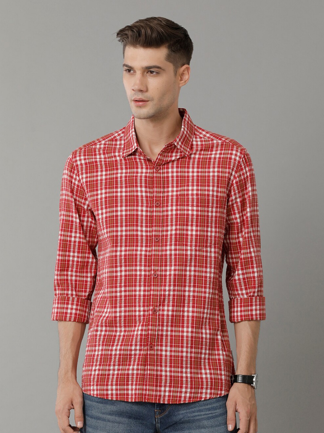 

Voi Jeans Slim Fit Tartan Checked Pure Cotton Casual Shirt, Red