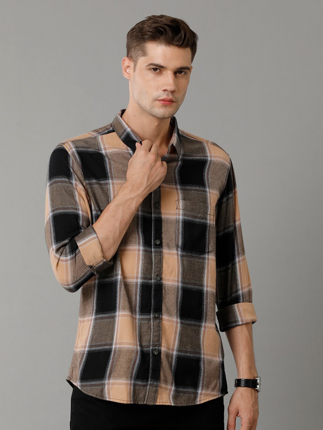 

Voi Jeans Slim Fit Buffalo Checked Pure Cotton Casual Shirt, Black