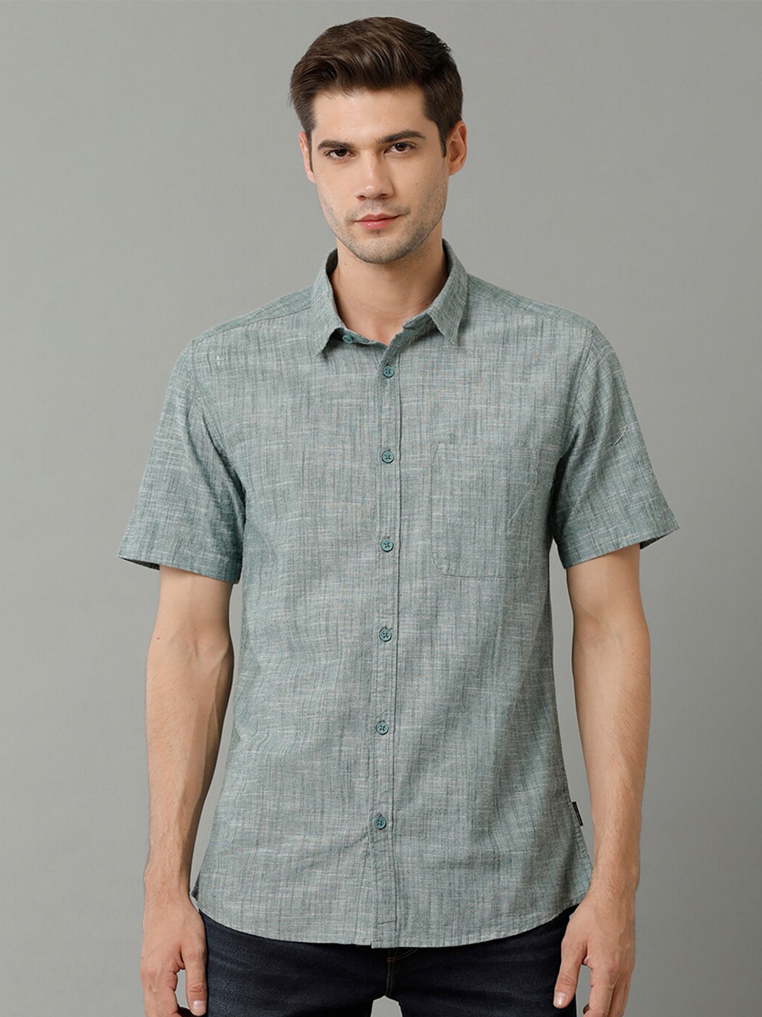 

Voi Jeans Textured Self Design Spread Collar Pure Cotton Casual Shirt, Green