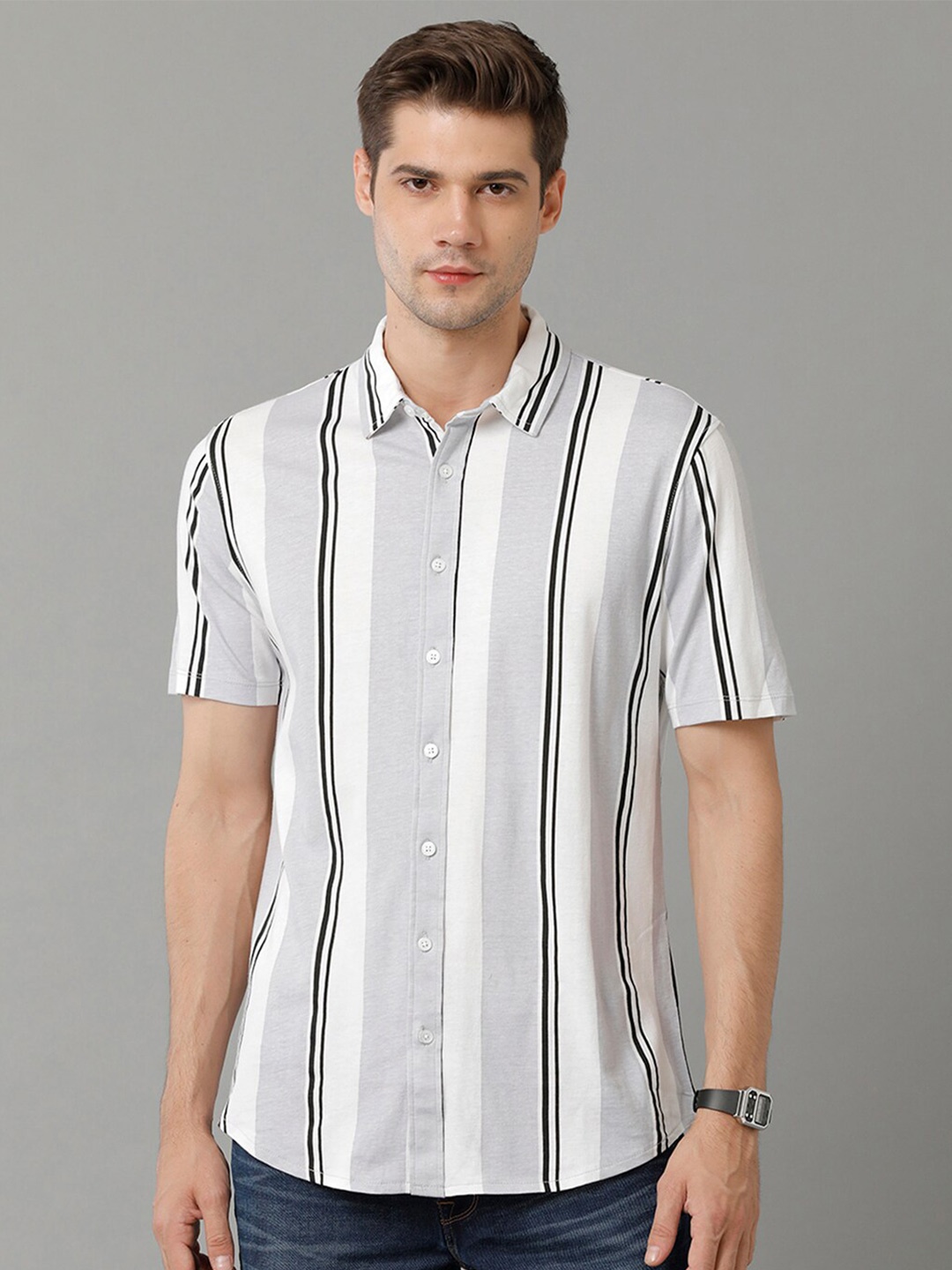 

Voi Jeans Slim Fit Striped Pure Cotton Casual Shirt, Grey