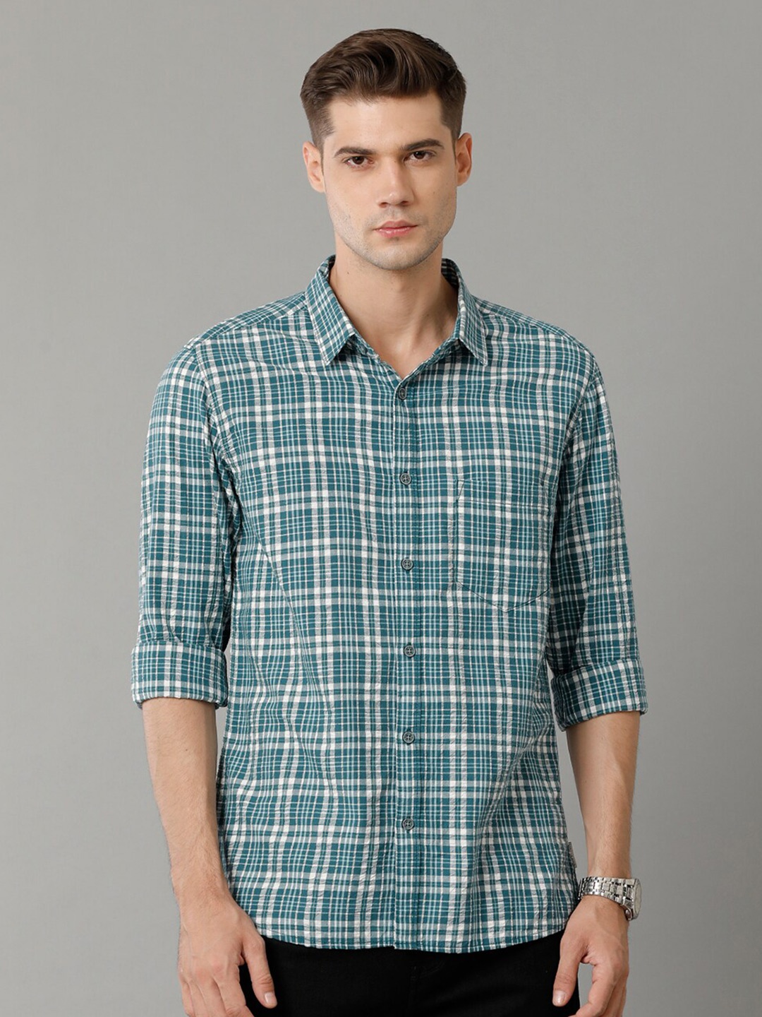 

Voi Jeans Men Green Slim Fit Tartan Checks Opaque Checked Casual Shirt