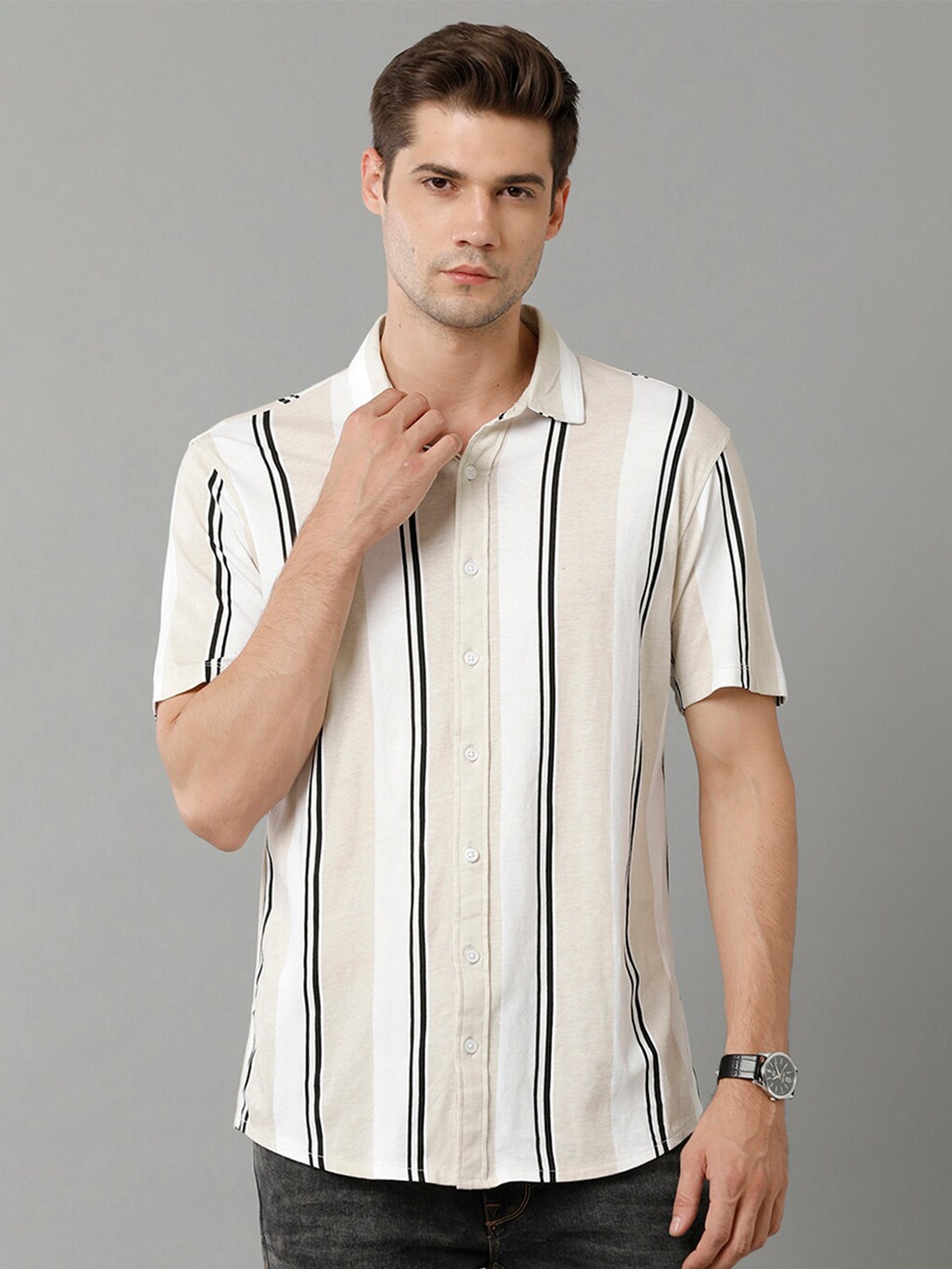 

Voi Jeans Slim Fit Striped Pure Cotton Casual Shirt, Beige