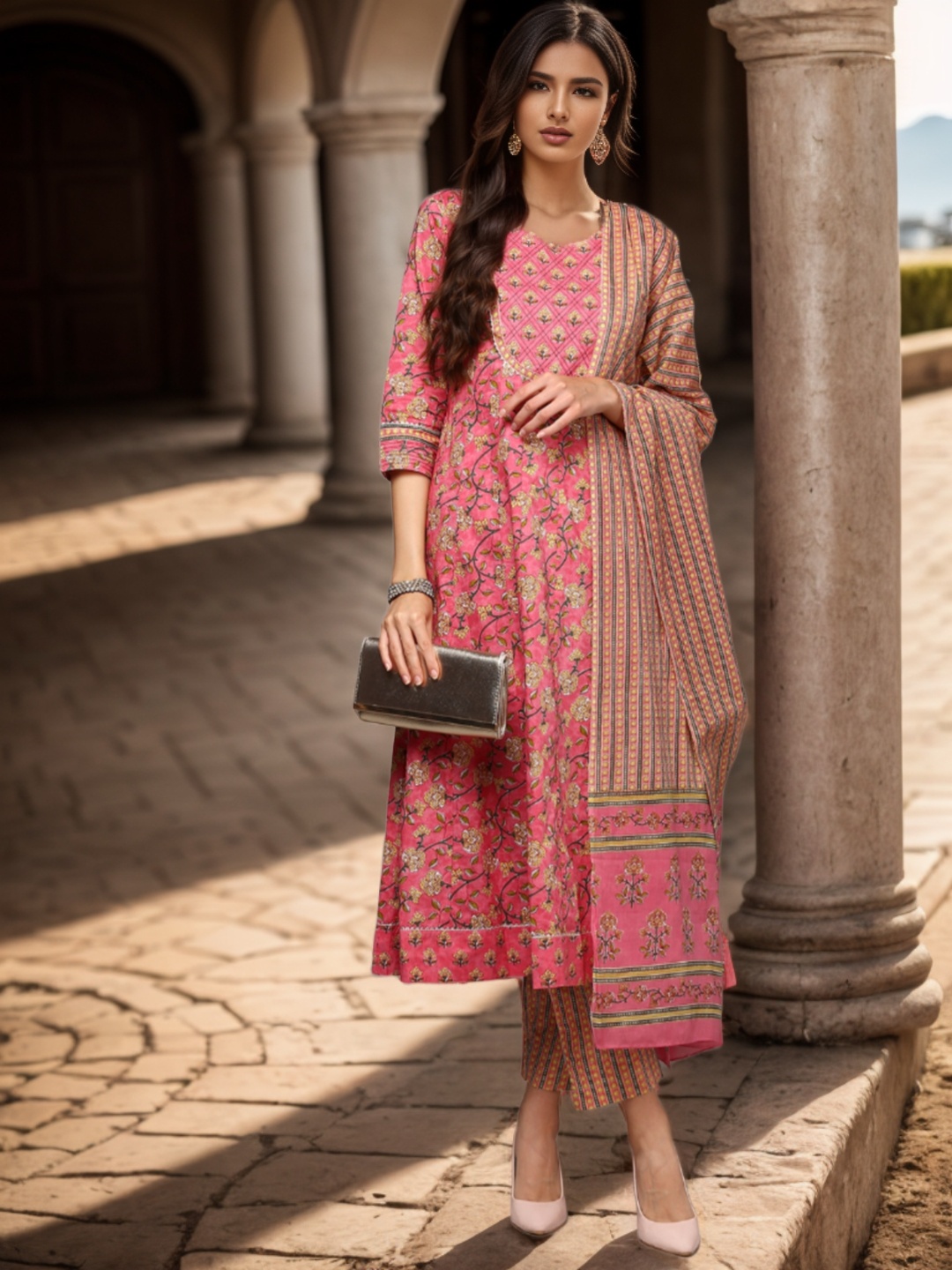 

AHIKA Floral Printed Anarkali Pure Cotton Kurta with Trousers & Dupatta, Pink