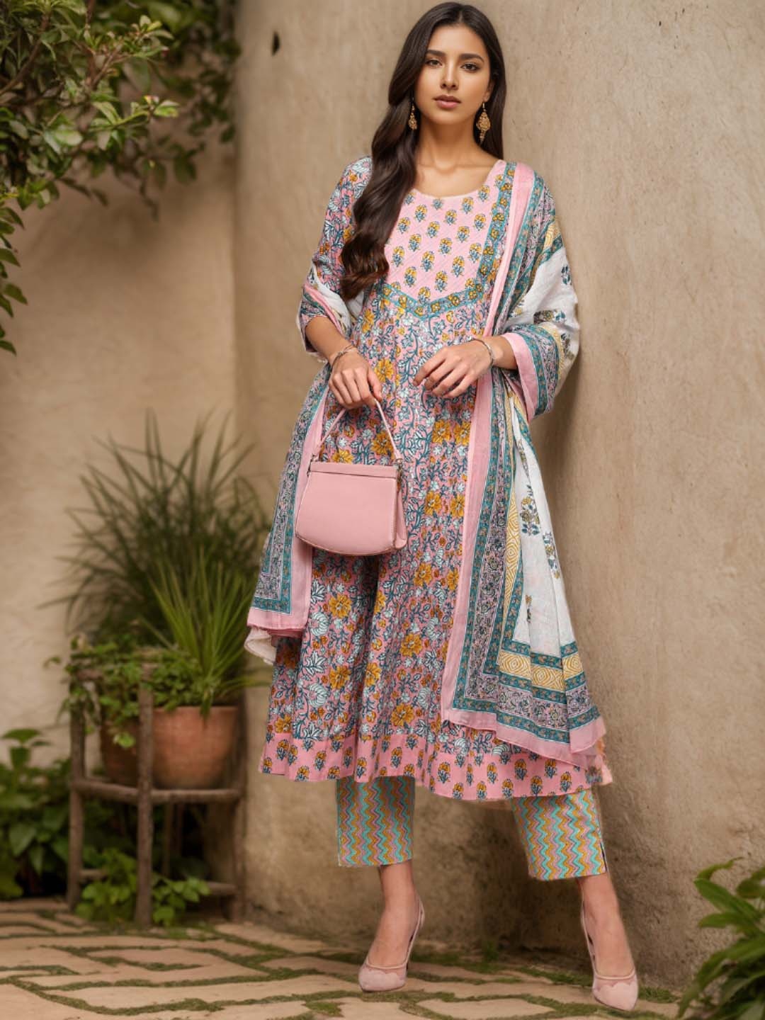

AHIKA Floral Printed Anarkali Pure Cotton Kurta with Trousers & Dupatta, Peach