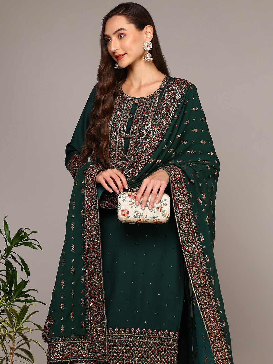 

AHIKA Ethnic Motifs Embroidered Kurta with Trousers & Dupatta, Green