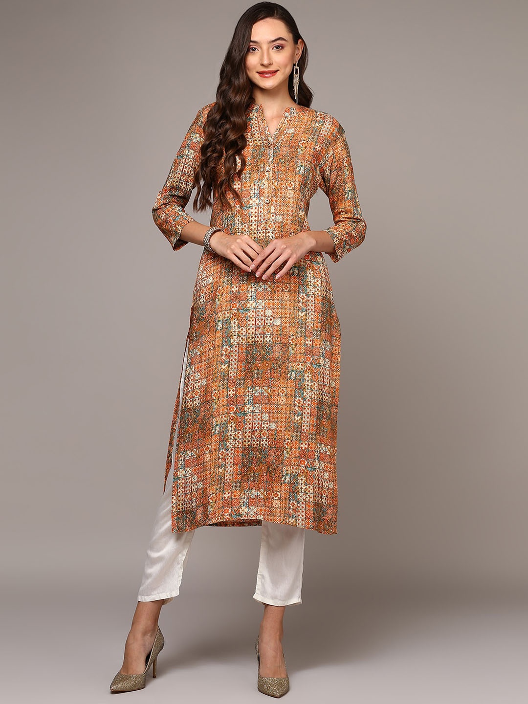 

AHIKA Geometric Checked Flared Sleeves Thread Work Kurta, Orange