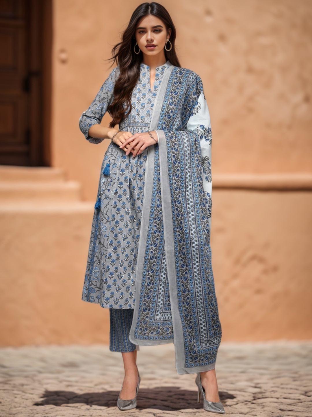 

AHIKA Floral Printed Band Collar Pure Cotton Kurta with Trousers & With Dupatta, Grey