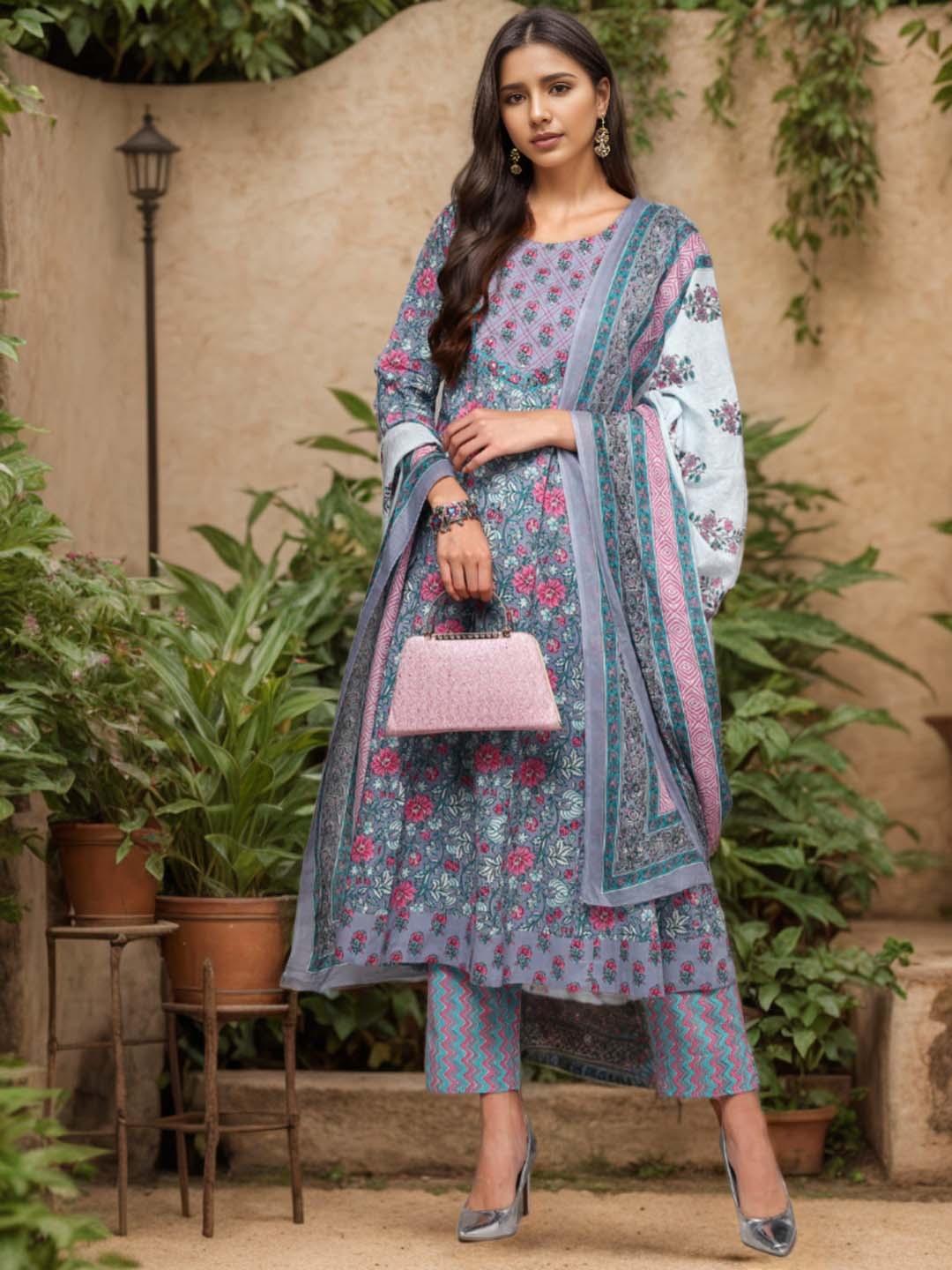

AHIKA Floral Printed Anarkali Pure Cotton Kurta with Trousers & Dupatta, Grey